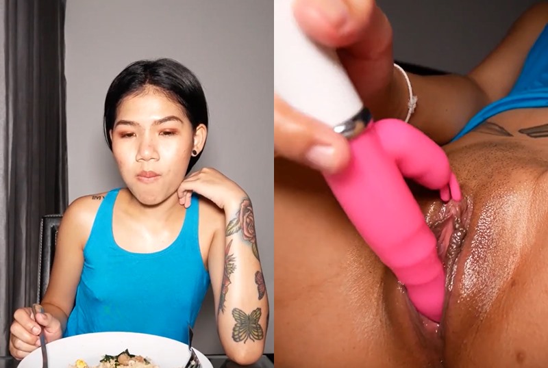Petite small titted amateur Thai teen Namtam feeding her hungry asian pussy