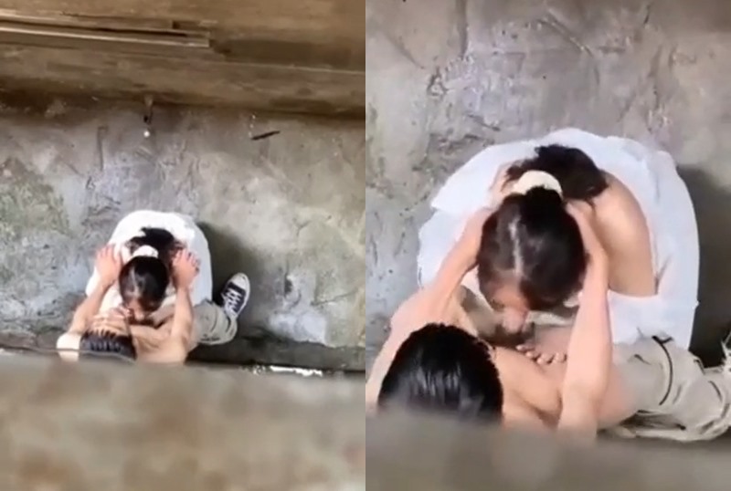 Spying on a female high school student giving a blowjob to her boyfriend in the alley.